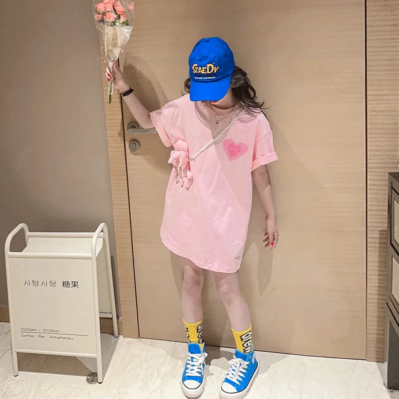 

T-shirt Skirt Cute Girls' Love Bag Printed Summer Fashion 2023 Summer New Girls' T-shirt Kids Cartoon Clothes Children