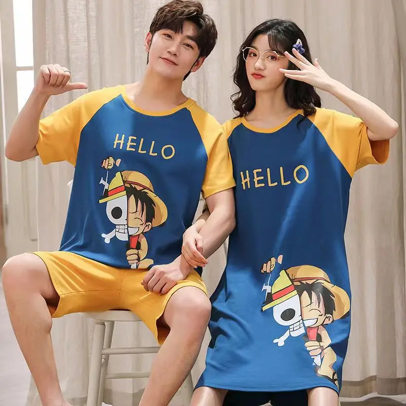 Women Summer Night Dress Japan Anime Nightgowns Couple Family Matching Pajamas for Men O Neck Home Clothing Party Cozy 3XL