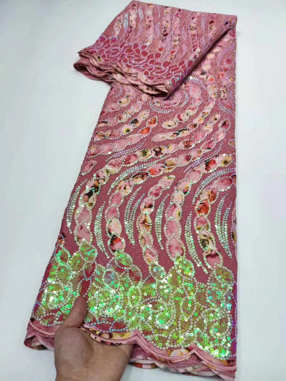 2024 Высококачественная африканская розовая 3D кружевная ткань с блестками 5 ярдов