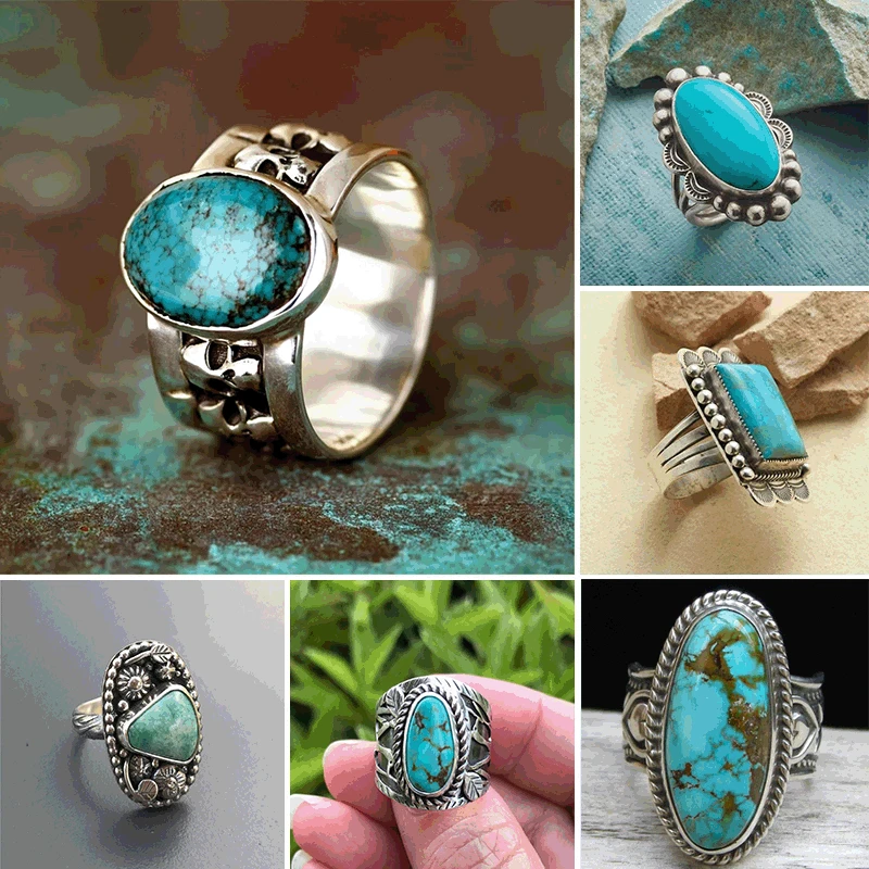 

Vintage Antique Natural Stone Ring Fashion Jewelry Gift Blue Turquoises Finger Ring for Women Wedding Anniversary Rings