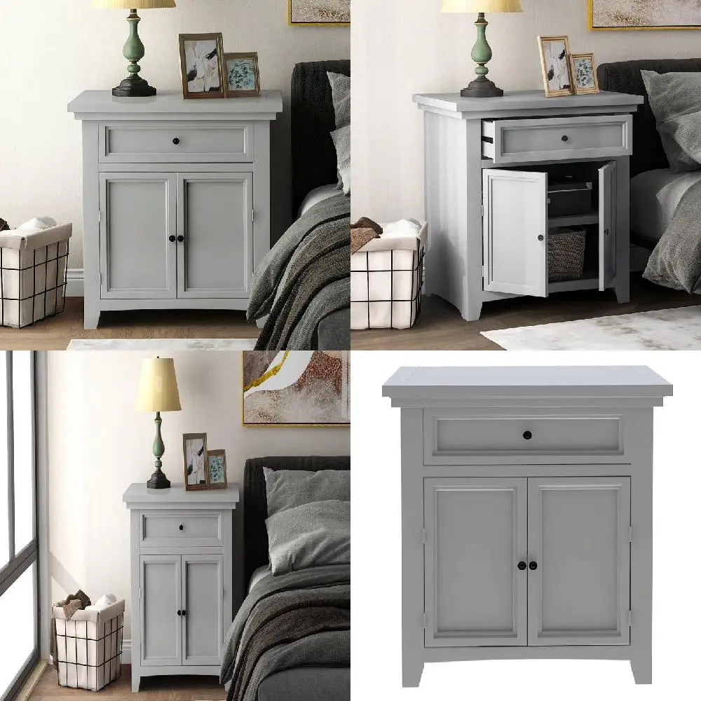 

Sturdy Gray Wood Nightstand with 1 Drawer and Shelf for Bedroom
