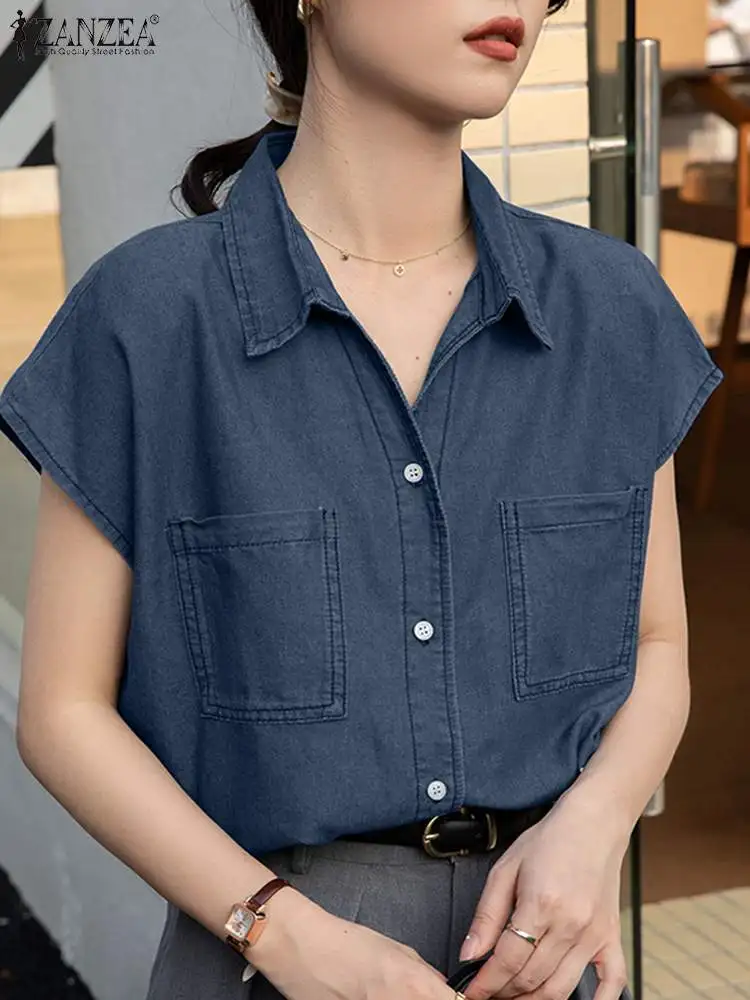 

Летняя джинсовая рубашка ZANZEA, женская модная блузка с отворотом, стильные рабочие блузы с коротким рукавом, Повседневная Джинсовая туника на пуговицах, женские топы