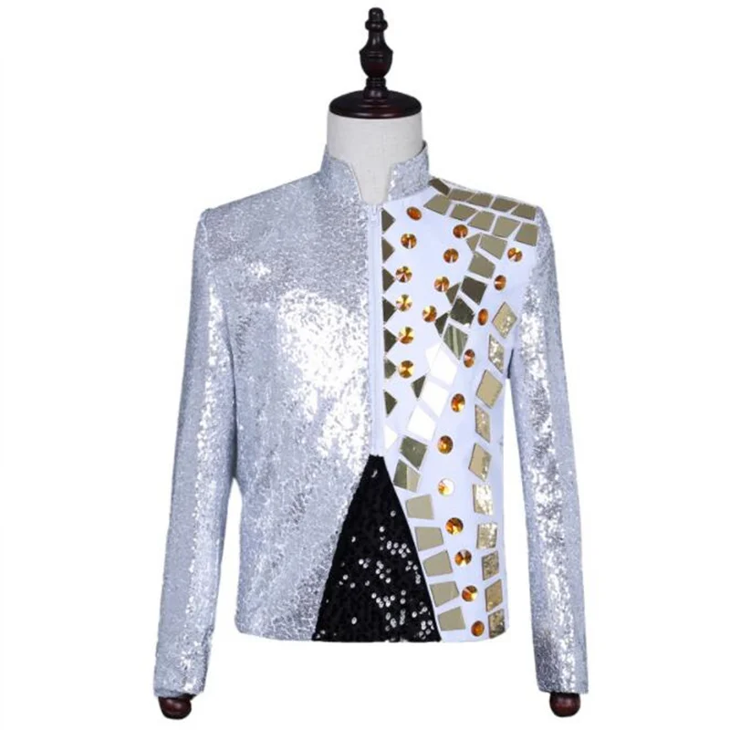 

Stand collar lens blazer men suits designs jacket mens stage costumes singers clothes dance star style dress punk rock silver