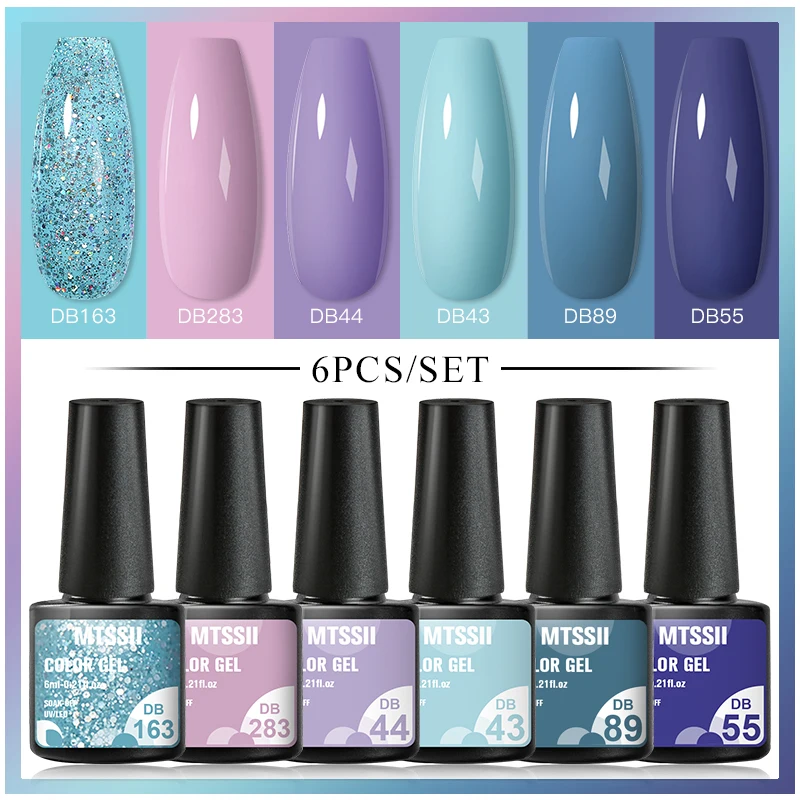 

6Pcs Gel Nail Polish Set Spring Summer 6 Colors Blue UV LED Nail Art Gel Kit Semi Permanent Varnishes Base Top Coat Manicure