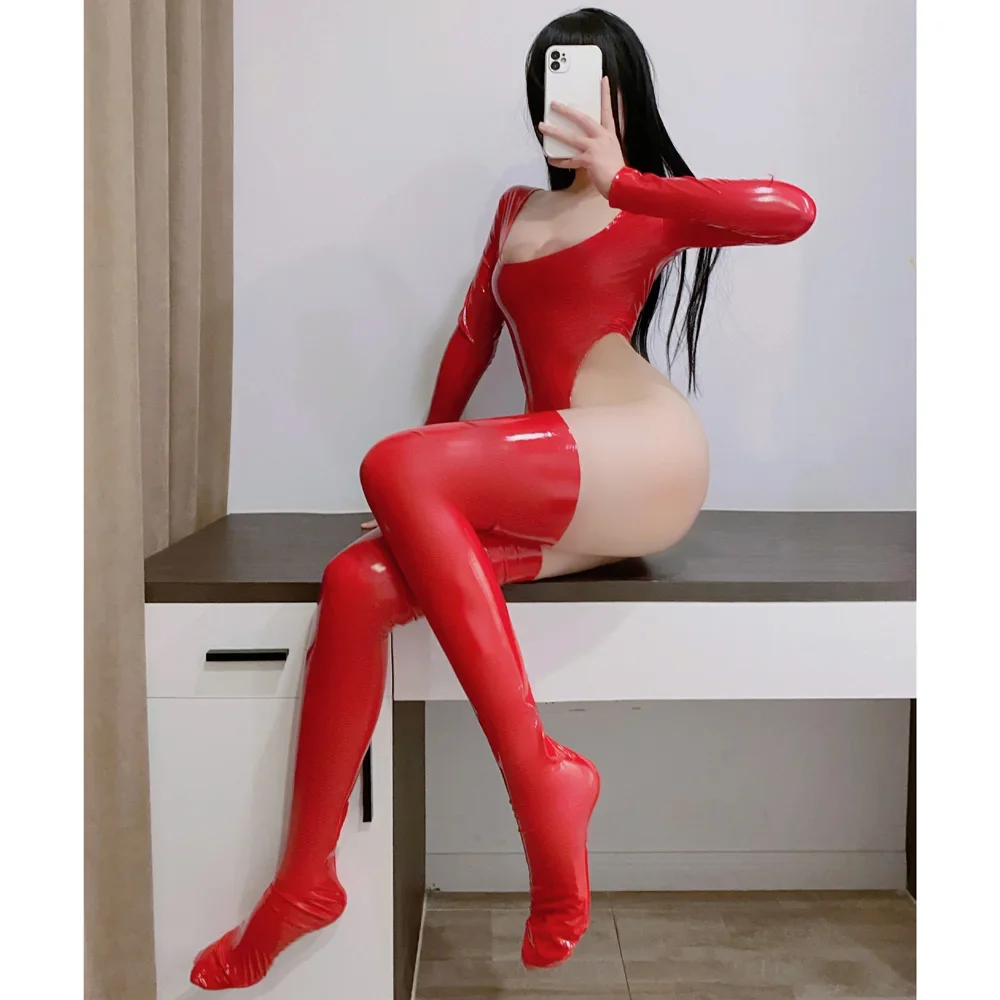 Боди с большим круглым вырезом и длинными рукавами комбинезон из ПВХ мокрым