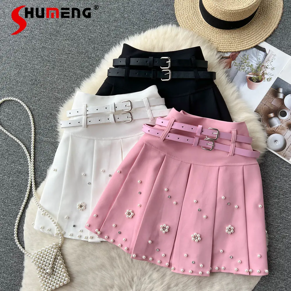 

Double Belt Beaded Pleated Skirt Women's Summer New Design Sense Hot Girl High Waist Pure Desire Slimming A- Line Short Skirt
