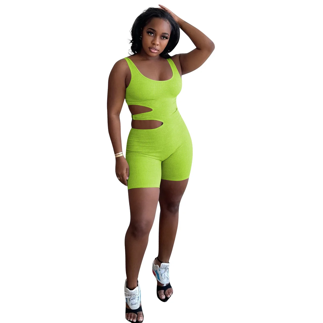 

Spring Summer Fashion Women's Sexy Knitted Rib Playsuits Neon Green Ladies Casual Hollow Out Bodycon Jumpsuit Sport Romper Black