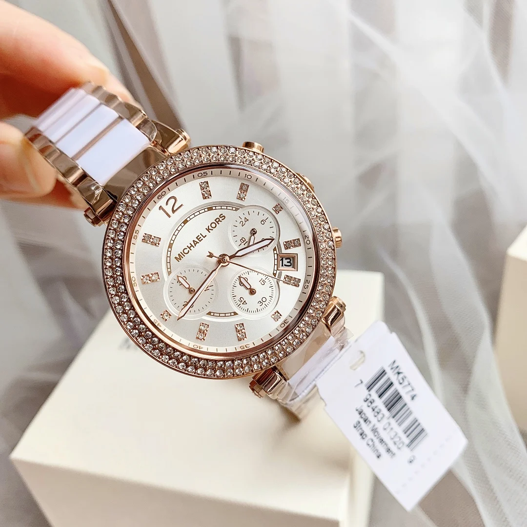 Фото Женские роскошные дизайнерские часы Michael Kors Parker MK-5774, водонепроницаемые кварцевые часы с бриллиантами, модные наручные часы, подарок для подруги №2
