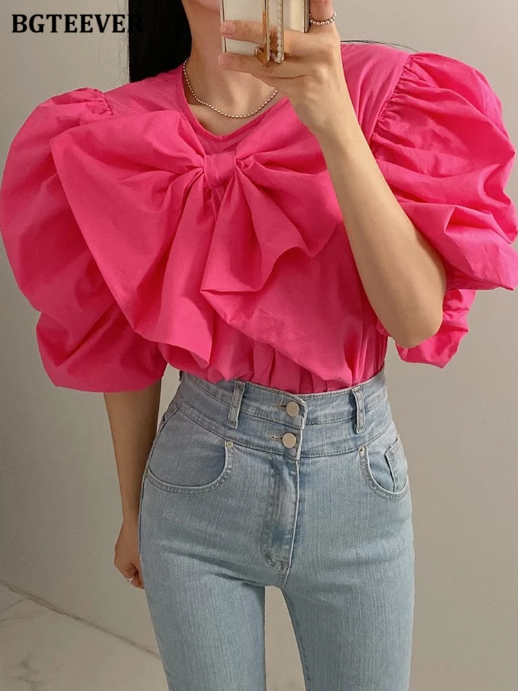 

Стильные женские блузки BGTEEVER с круглым вырезом и бантом, летние свободные женские рубашки с пышными рукавами и рюшами, женские топы, блузы
