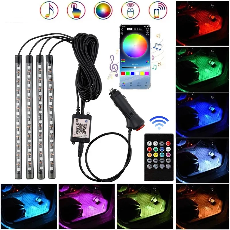 

NEW LED Car Foot Light Ambient Lamp With USB Wireless Remote Music Control Multiple Modes Automotive Interior Decorative Lights