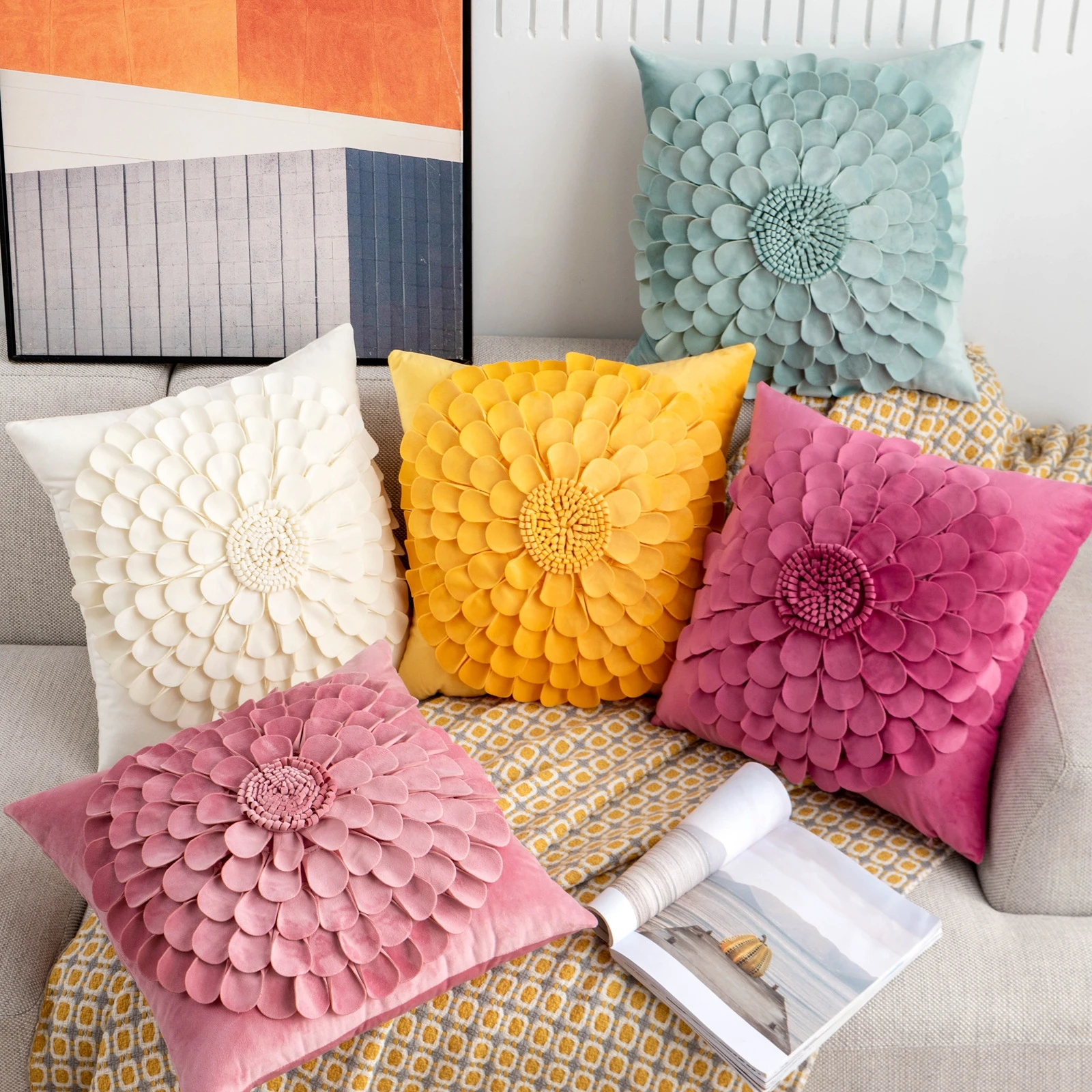 

3D Handmade Flower Pillow Covers Velvet Petals Home Decor Yellow Beige 45x45cm Cushion Cover Sofa Decoration Pillowcase