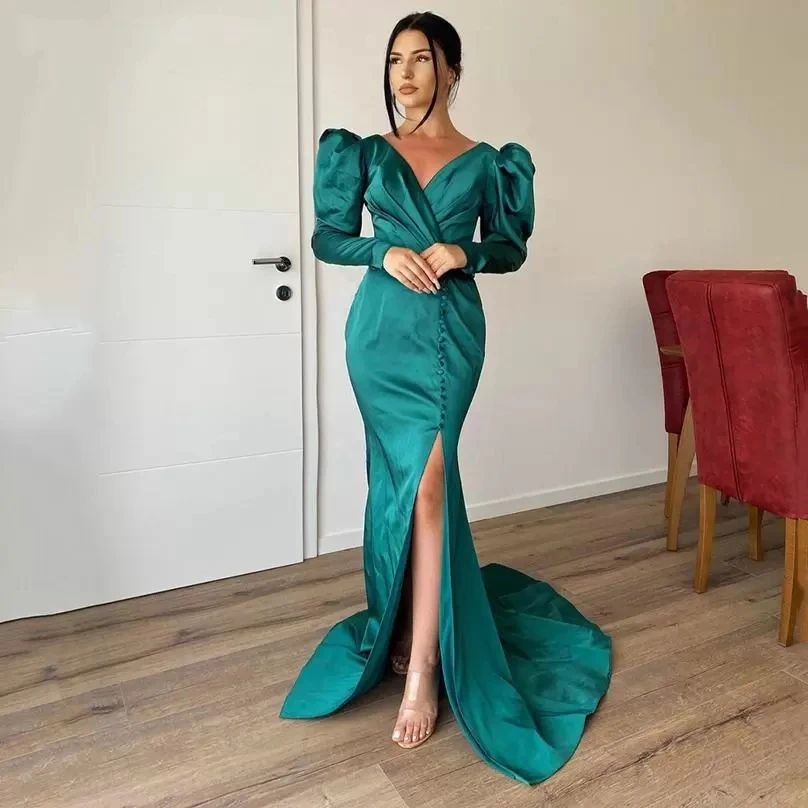 

Hunter Green 2023 Mermaid Evening Dresses Puffy Long Sleeves Split Front V Neck Formal Prom Gowns Night Party Met Gala Robe