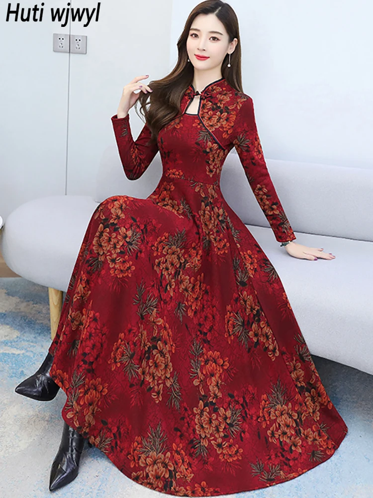 

Autumn Winter Velvet Thick Warm Maxi Dress 2022 Elegant Chic Prom Party Night Dress Female Floral Knitted Long Sleeve Midi Dress