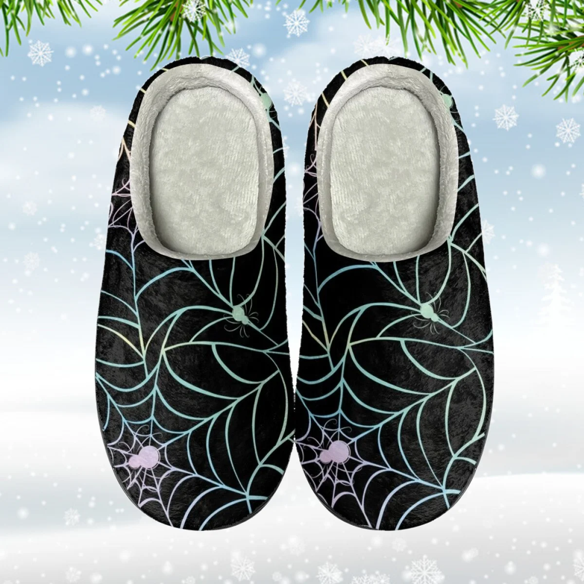 

INSTANTARTS Winter Warm Soft Sole Spider Web Cotton Slippers Women Soft Bottom Non Slip Slippers for Home Flat Indoor Slides