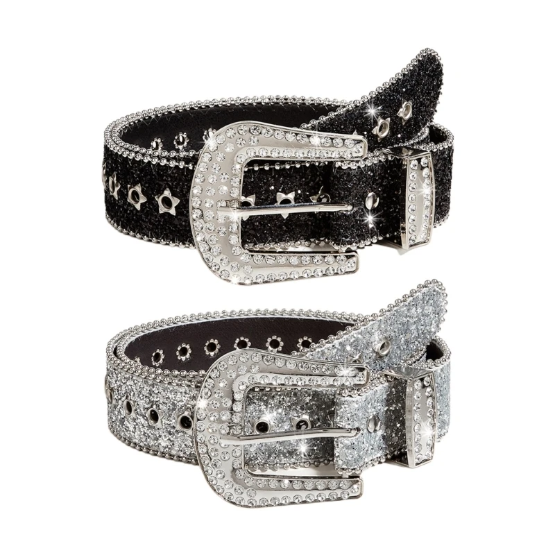 

H9ED Shinning Buckle Waist Belts for Jeans Adjustable Belt for Cowboy Cowgirl Teens Female Jeans Skirt Waistband