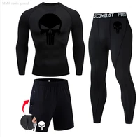 mens long underwear thermal base layer skull t shirt compression tights rashgard male mma fitness clothing 2 piece tracksuit