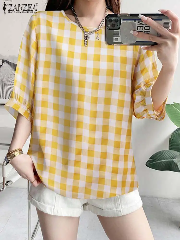 

Женские рубашки в клетку, осень-лето 2022, блузка с пышными рукавами ZANZEA, повседневные свободные женские туники, модные топы с круглым вырезом,...