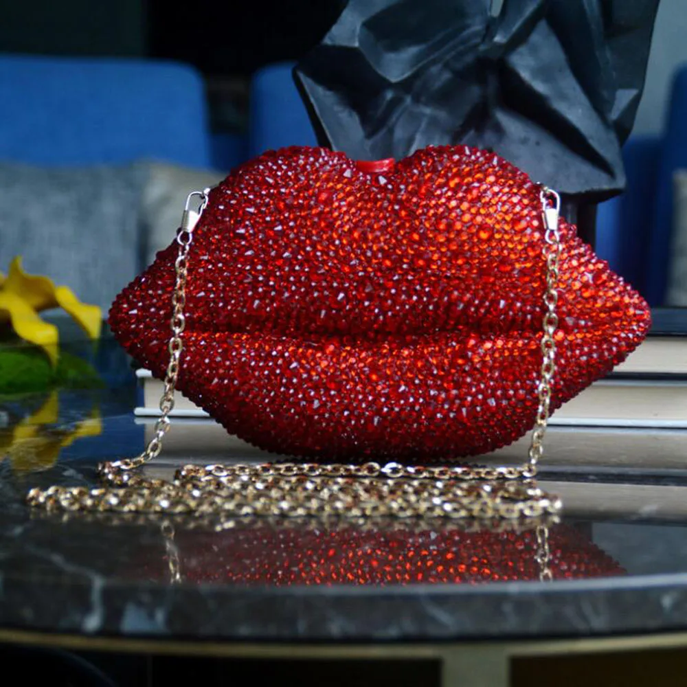 

Euro Fashion Crystal Lip Clutches Luxury Bling Dinner Party Clutches Red Bling Evening Purse Ladies Bride Gift Bags