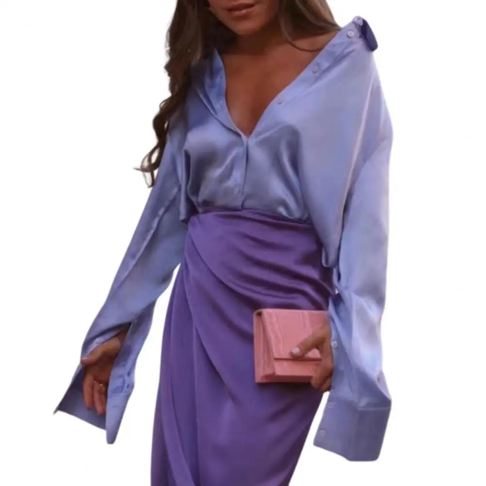 

Blouses Women 2022 Vintage Lapel Single-breasted Wide Cuffs Women Shirt Elegant Satin Long Sleeve Shirt Blouse Female Clothing