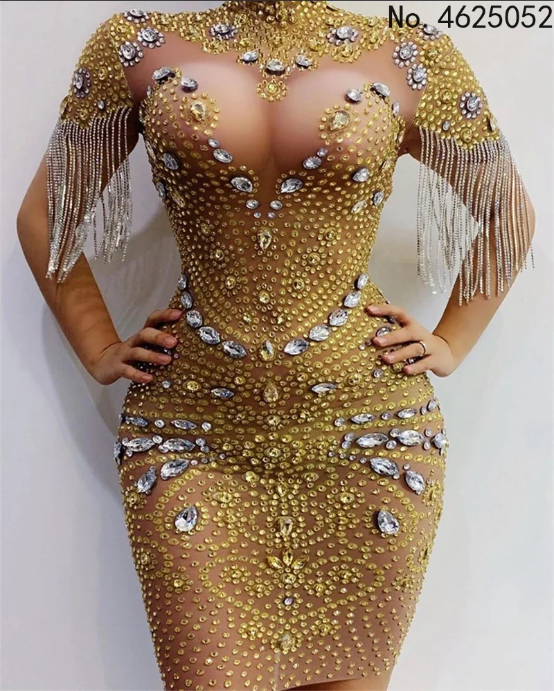 

New Shining Big Crystals Sexy Sheath Sparkly Rhinestone Party Nightclub Mesh Dresses Women Full Beads Anniversary Evening Dress