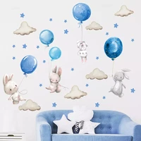 blue color boy bunny with air balloons wall stickers for kids room boys bedroom decoration wall decals watercolor stars clo