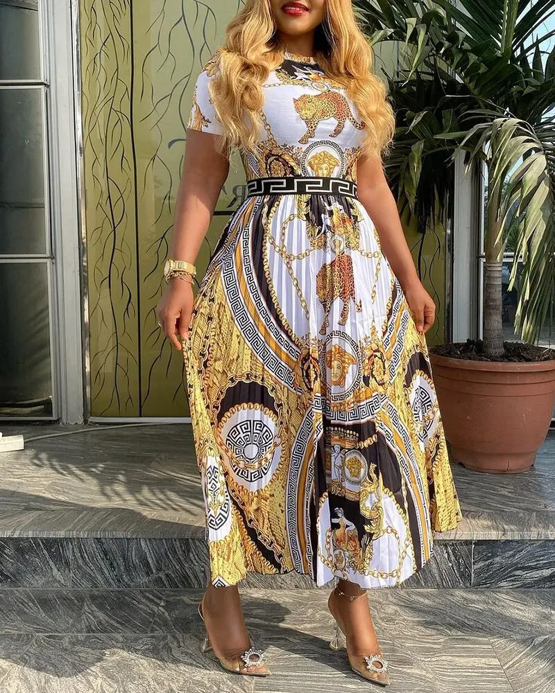 

Плиссированные платья с коротким рукавом, Макси-платье с высокой талией и принтом, модные повседневные офисные элегантные вечерние Клубные...