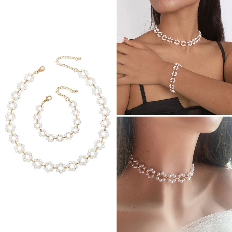 

Elegant Flower Pearl Necklace Vintage Bracelet For Women Trend Beautiful