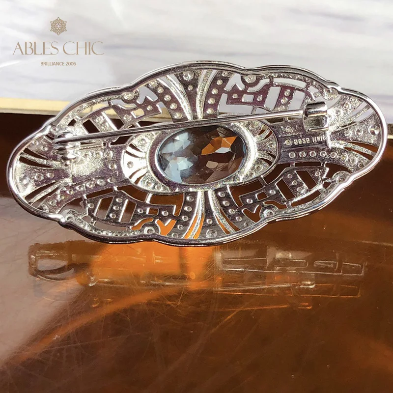 Sterling Silver Renaissance Natural Topaz Brooch Traditional Gemstone CZ Paved Flower Bridal Wedding Pin C11N3S26032