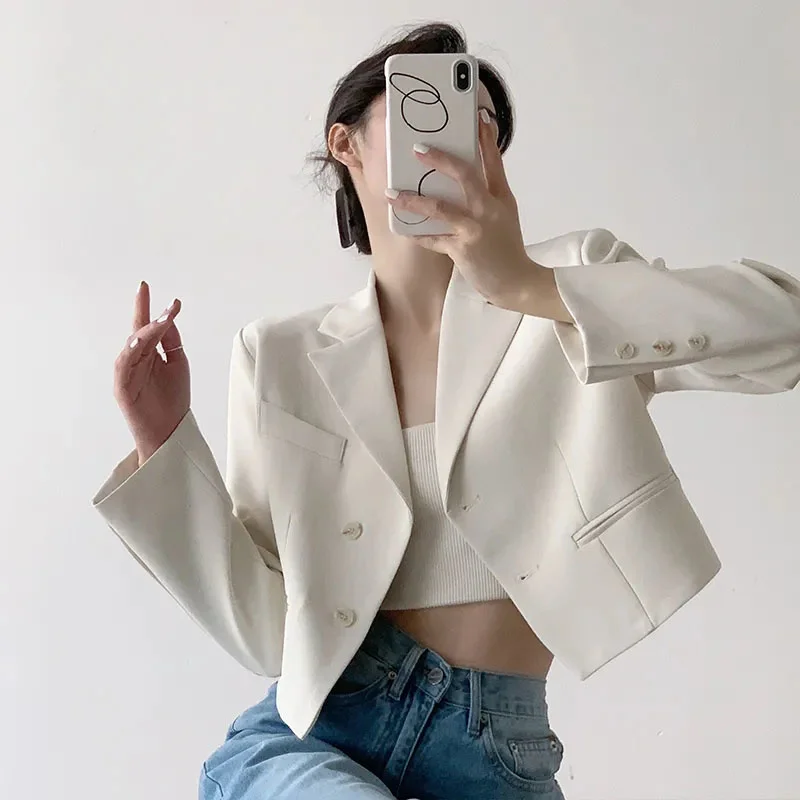 

Women Cropped Blazer Coat Korean Turndown Collar Office Lady All Match Blazers Fashion Autumn Long Sleeve Casual Outerwear