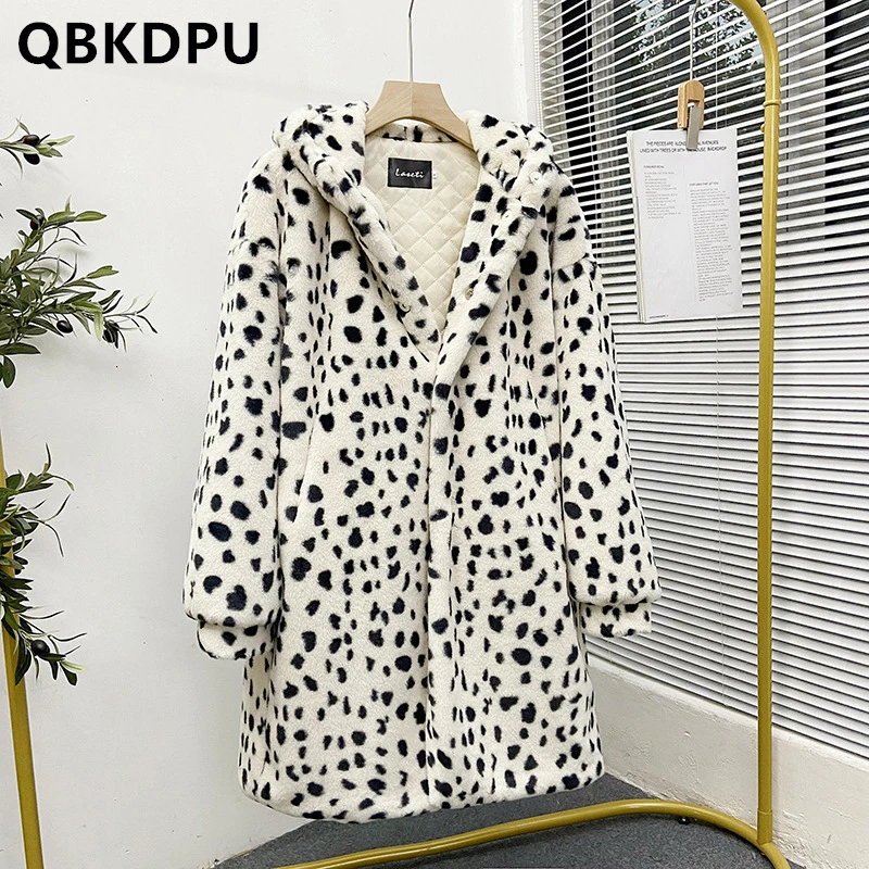 

New Thicken Leopard Print Hooded Faux Rabbit Fur Coat Winter Women's Loose Soft Warm Long Faux Fur Jacket Plush Fluffy Overcoat