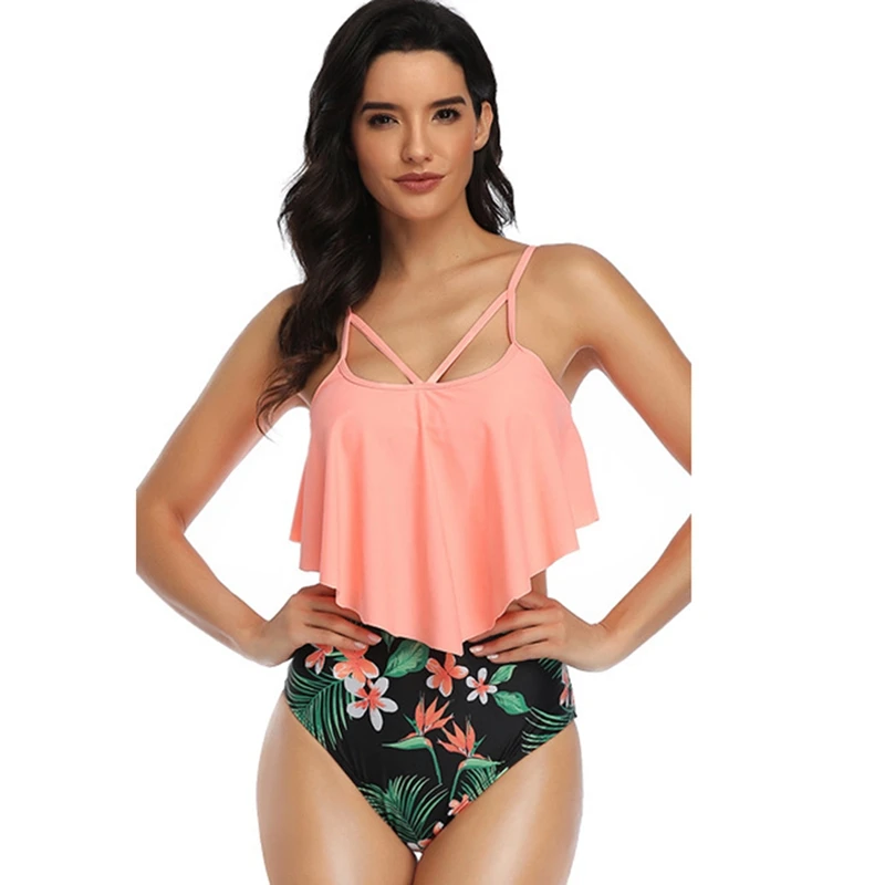 

Women's High Waist Bikini Multicolor Ruffle Cover Belly Split Swimsuit