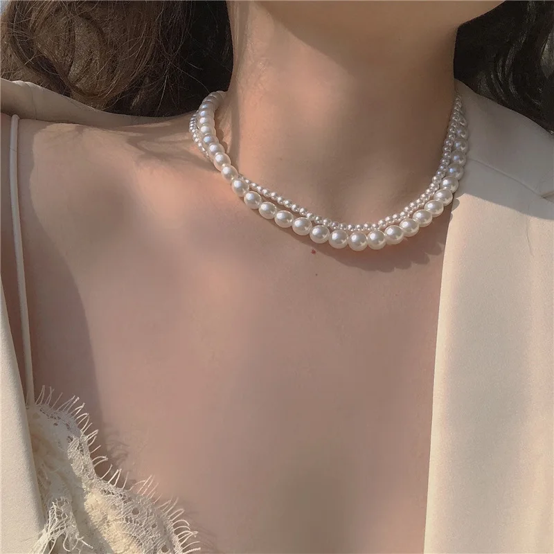 

Korean Fashion Double Layer Pearl Necklace Women Personality Necklace Wedding Jewelry Birthday Anniversary Gift Halloween