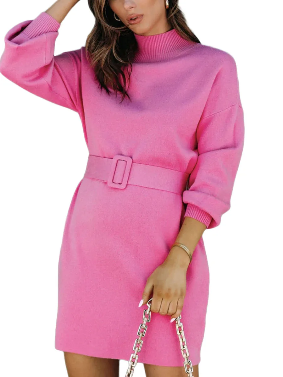 

Women Turtleneck Long Sleeve Knit Bodycon Mini Sweater Dress Slim Pullover Cute Mini Sweater Dress