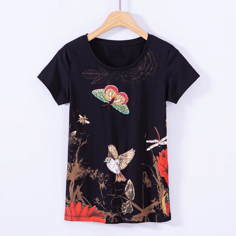 

New short-sleeved hand-beaded butterfly half-sleeved T-shirt BLACK