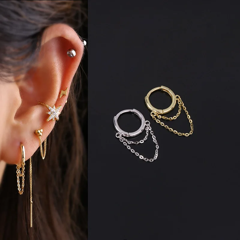 

Biliear 1 Pce 2022 Fashion Women Earrings Jewelry Zircon S925 Silver Chain Tassel Ear Buckle Piercing Ear Studs