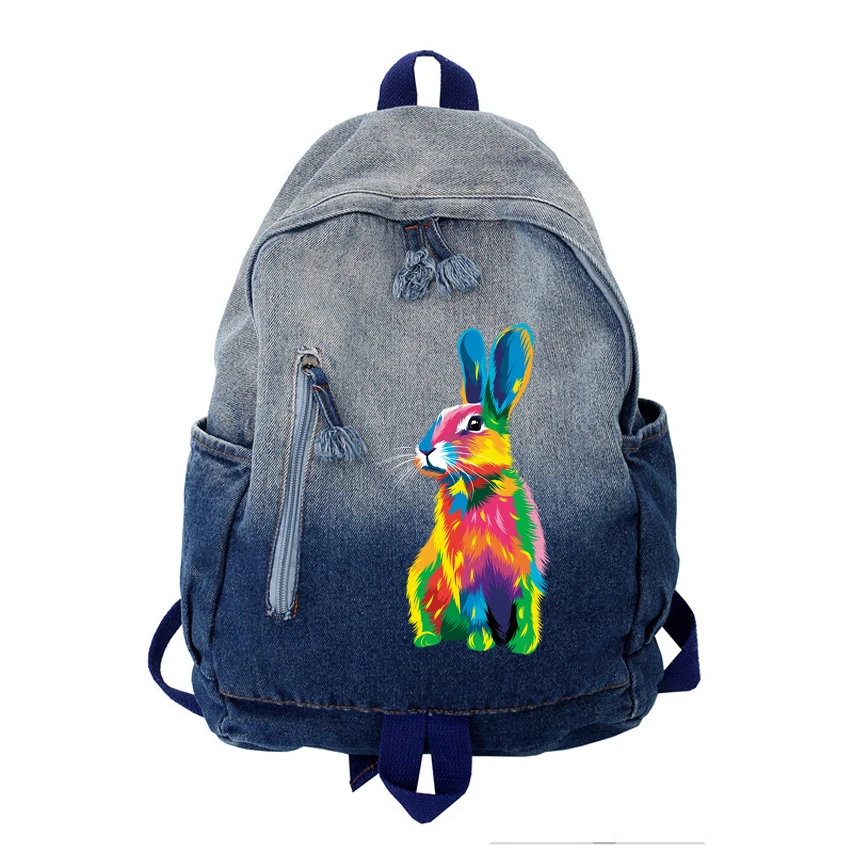 

Fashion Ladies Backpack Trendy Washed Denim Boy Girl Travel Bag Male Female Backpack Men Women Funny Rabbit Pattern Printed Bag