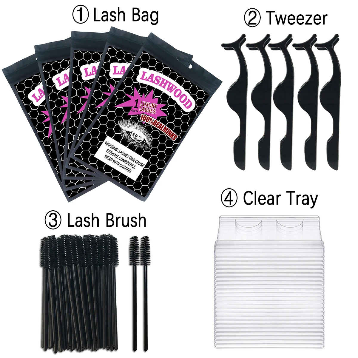 Wholesale Pink/White/Black Eyelash Packaging Bag With Lashwood Sticker Lash Trays Brush Tweezers Applicator For Lash Set Box