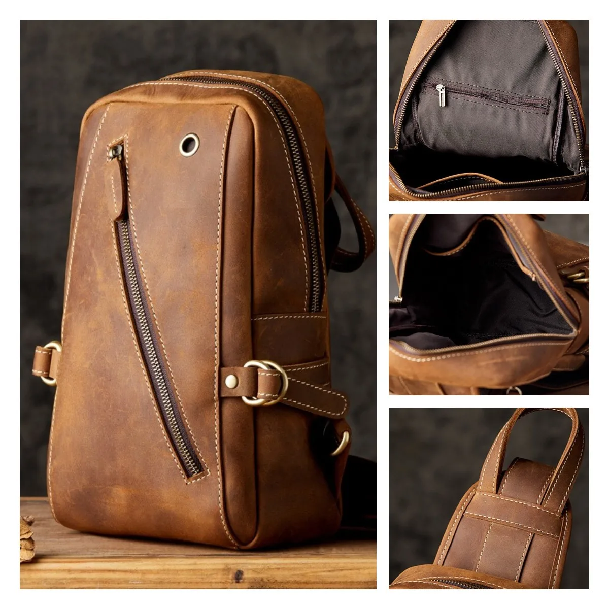 Men's Genuine Leather Chest Bag Large Capacity Shoulder Bag Top Layer Cowhide Sling Crossbody Travel Pack for Male Women Female