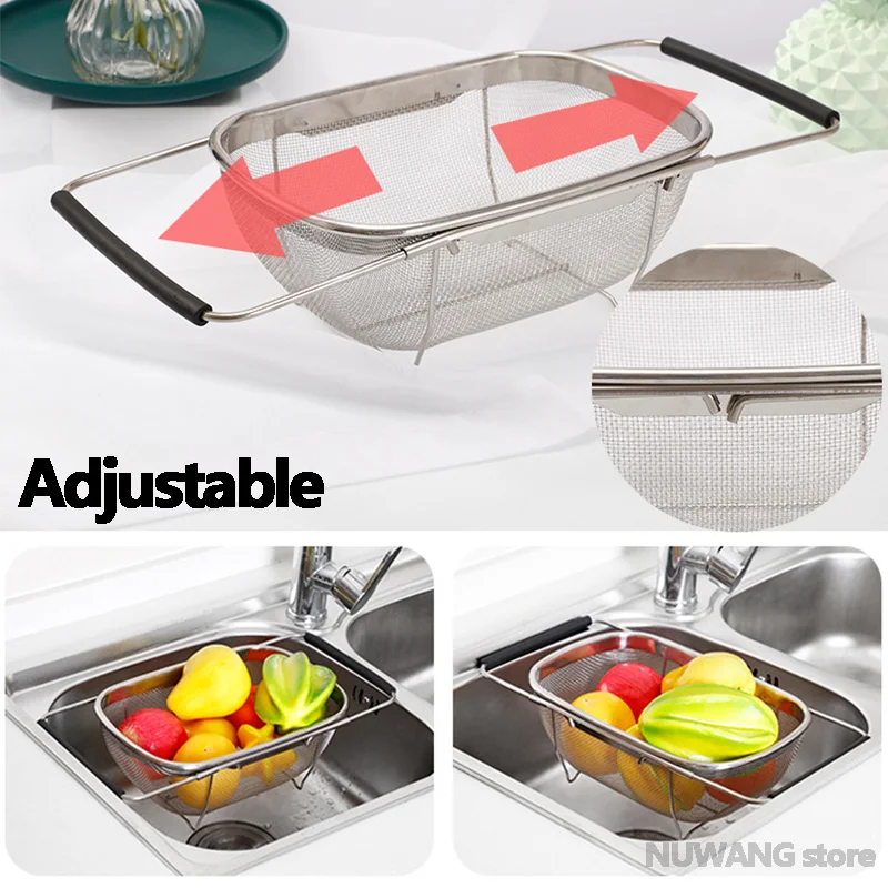 

Expandable Stainless Steel Retractable Drain Basket With Fine Mesh Oval Colander Sink Vegetables Draining Rack Fruit Basket