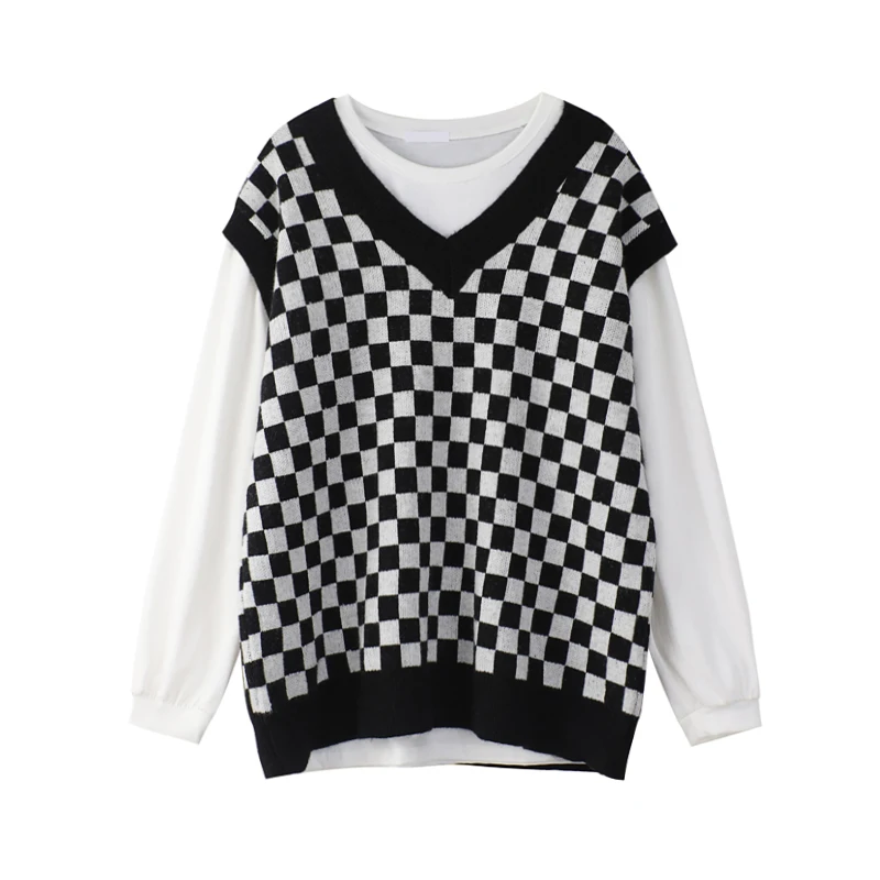 

2022 Women Houndstooth Loose Knitted Vest Sweater Girls V Neck Sleeveless Thick Vintage Sweater Suits Female Waistcoat Chic Tops