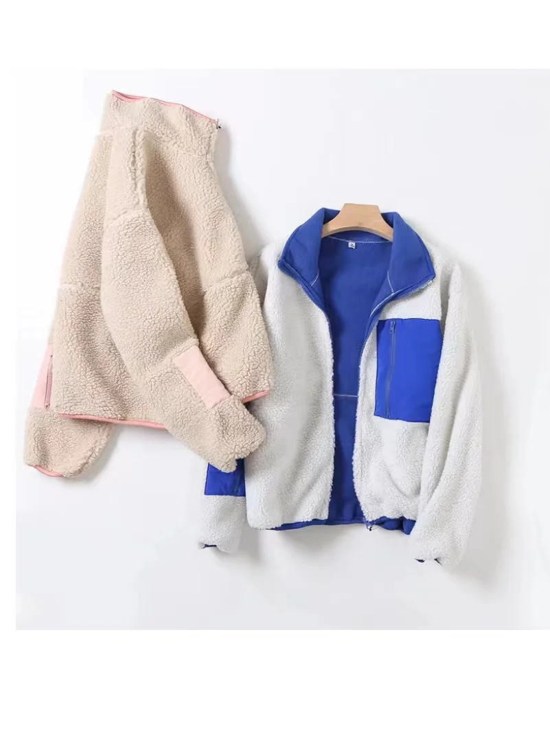 

Casual Women Pink Zipper Fur Coat 2022 Spring Fashion Ladies Stand Collar Patchwork Pocket Coat Famale Solid Warm Coat327682