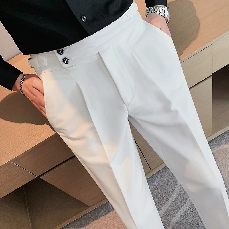 

Autumn Naples High Waist Trousers Mens Solid Color Formal Slim Fit Suit Pants Business Office Social Wedding Party Dress Pants