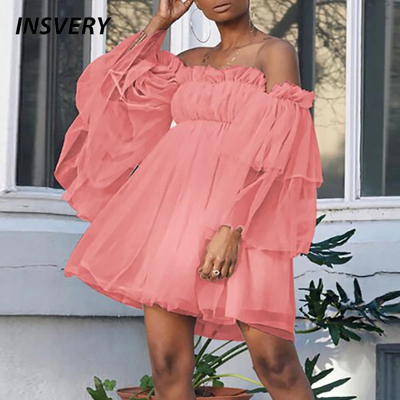 

Spring Autumn Long Sleeve Pleated Loose Dress Women Off Shoulder Mesh Party Dresses For Women Sexy Short Dress 2022