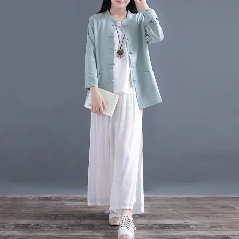 Хлопково-льняной кардиган в китайском стиле пальто на пуговицах топ с длинными
