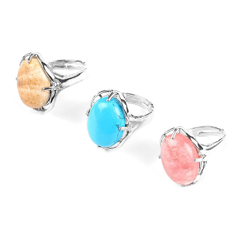 

Vintage Natural Stone Rings For Women Prong Flower Crystal Cutout Round Oval Gemstone Ring Party Moissanite Adjustable Jewelry