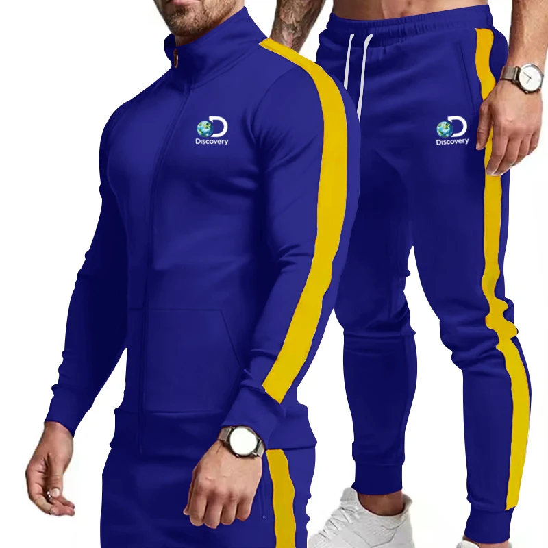 

New Spring and Autumn Men's High Quality Contrast Color Cardigan Mock Neck Sweater Set Youth Fashion Leisure Sports Set