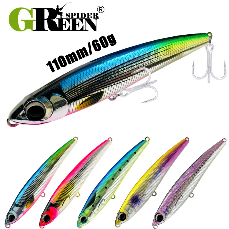 GREENSPIDER 110MM 60G Sinking Pencil Fishing Lures Wobbler Stickbait Artificial Hard Bait for Sea Tuna GT Fishing Lure 5X Hook