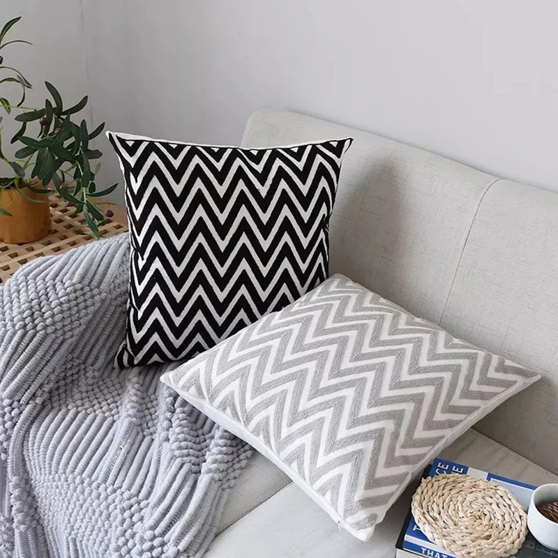

Embroidered Zigzag Cushion Cover Grey Black Pillowcase Canvas Cotton Square Embroidery Pillow Cover 45x45cm Home Decor