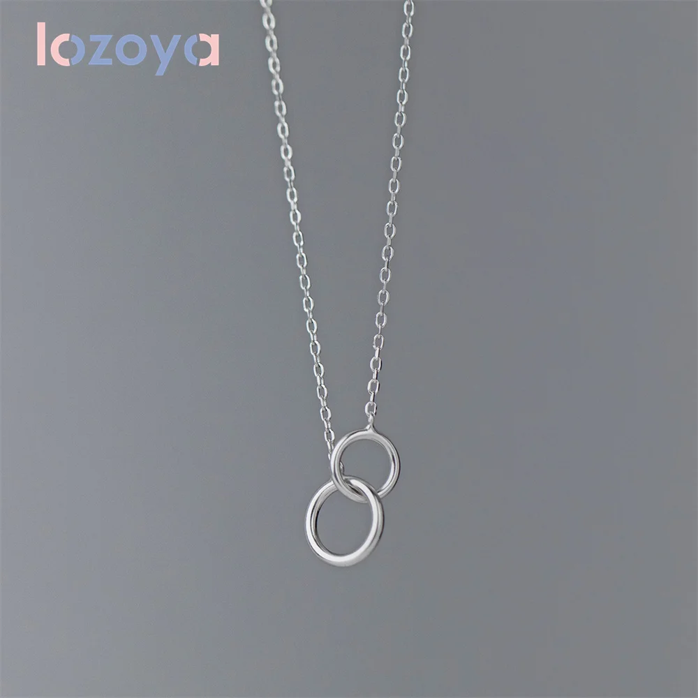

Lozoya 925 Silver Chains Woman Hollow Size Ring Interlocking CZ Pendant Necklace Personality Geometric Fashion Clavicle Chain