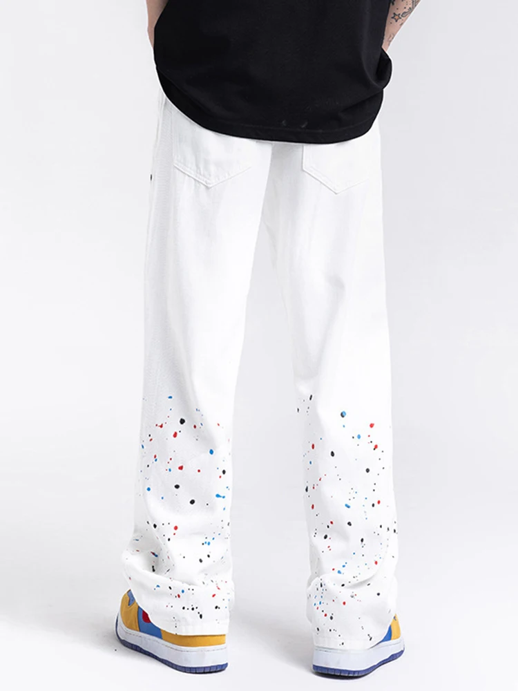 Four Seasons Men Jeans Trend High Street Ink Straight Loose Jeans Y2k Pants Korean Fashion Streetwear Men Clothing Ins Hot Sale